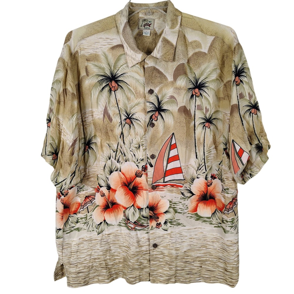 Red Turtle Mens Silk Hawaiian‎ Shirt Large Tan Tropical Sailboat Hibiscus Print